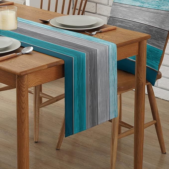 Vandarllin Table Runners 13X70 Inches Long, Ombre Peacock Blue Gray,Cotton Linen Farmhouse Retro Rustic Barn Wood Texture Tablecloths Non-Slip Party Table Decorations for Kitchen,Home,Dining,Outdoor,