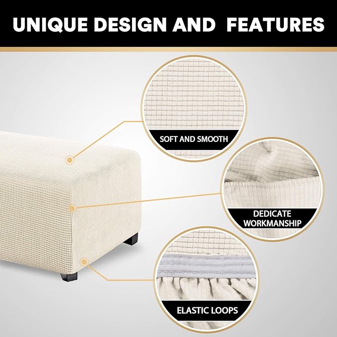 PrinceDeco Stretch Ottoman Cover Slipcovers Rectangle for Living Room Foot Stool Stretch Covers to Fit Ottoman Foot Rest, Checked Jacquard Fabric with Elastic Bottom (Large Size, Biscotti Beige)