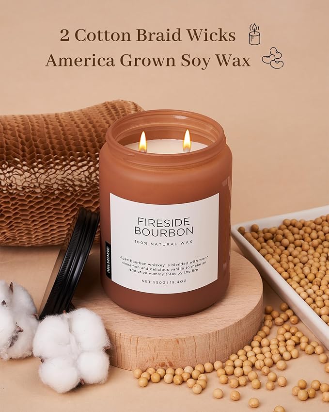 M&SENSE Fireside Bourbon Scented Candles, 2 Wick Jar Candle 19.4oz 110 Hour Long Lasting, Organic Natural Soy Wax Candle for Bedroom Kitchen Home Decor, Warm Housewarming Gifts for Men Women