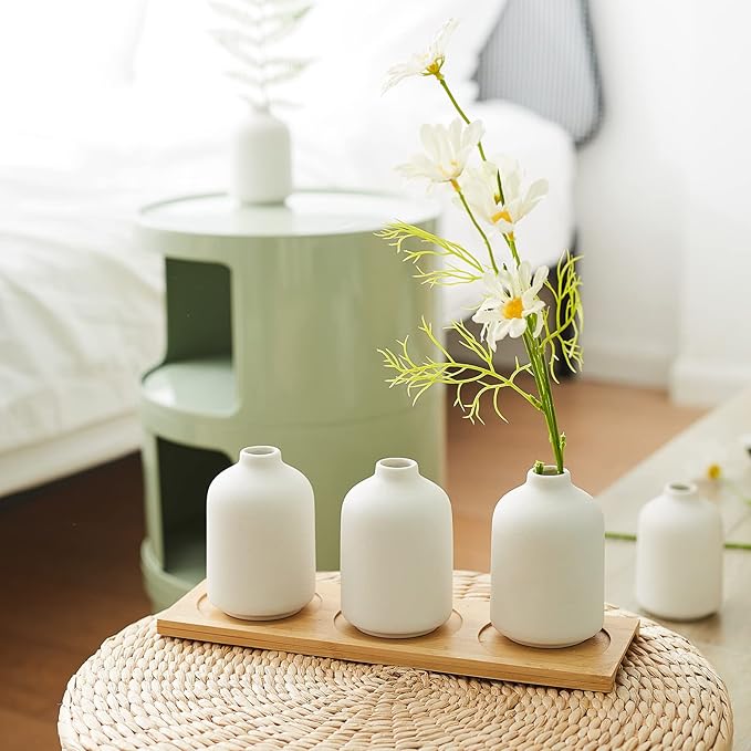 Small White Ceramic Vases Set 6 for Decor, Boho Bud Vases for Dry Flower, 4.1''H x 3''W White Ceramic Vases for Centerpieces, House Plants, Wedding, Home, Modern, Minimalist