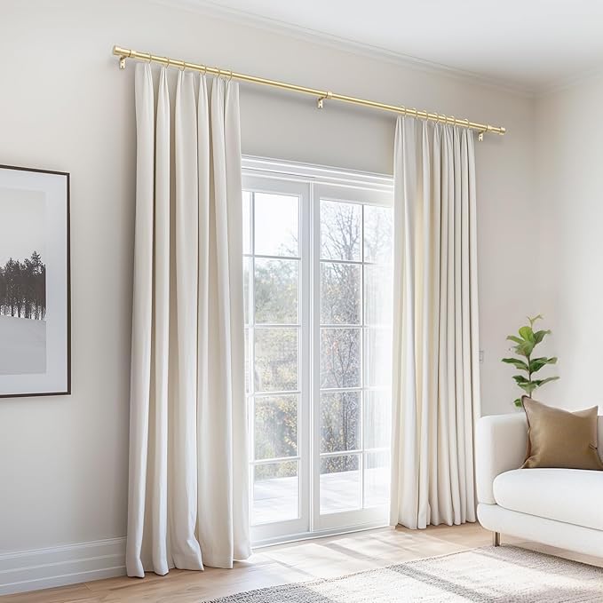 Zeerobee Curtain Rods for Windows 66 to 120, Gold Curtain Rod, Adjustable 1 Inch Heavy Duty Outdoor/Indoor Modern Drapery Pole, 32"-120"