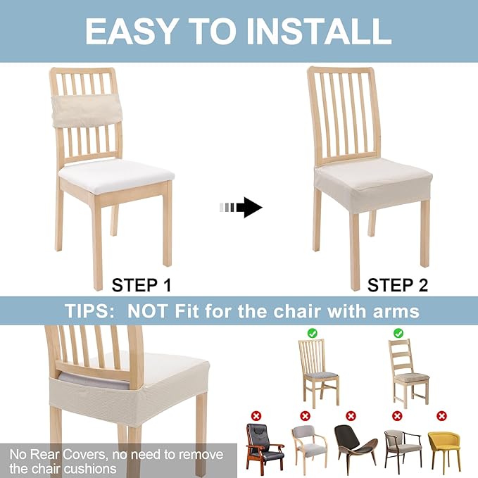 Smiry Stretch Jacquard Seat Covers for Dining Room Chairs Set of 6, Removable Washable Chair Seat Protector Slipcovers, No Rear Covers, Beige
