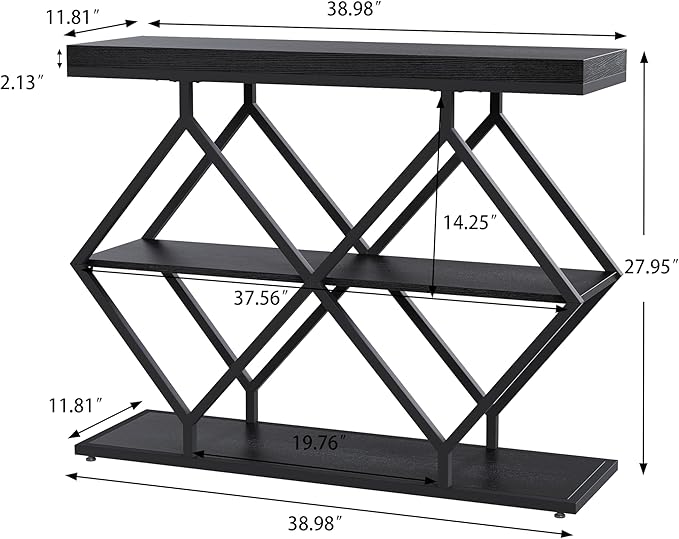 Garvee 3-Tier Entryway Table, Industrial Console Sofa Table with Storage, Accent Table with Open Shelves, Diamond-Shaped Metal Frame, Foyer Table for Entryway, Hallway, Black