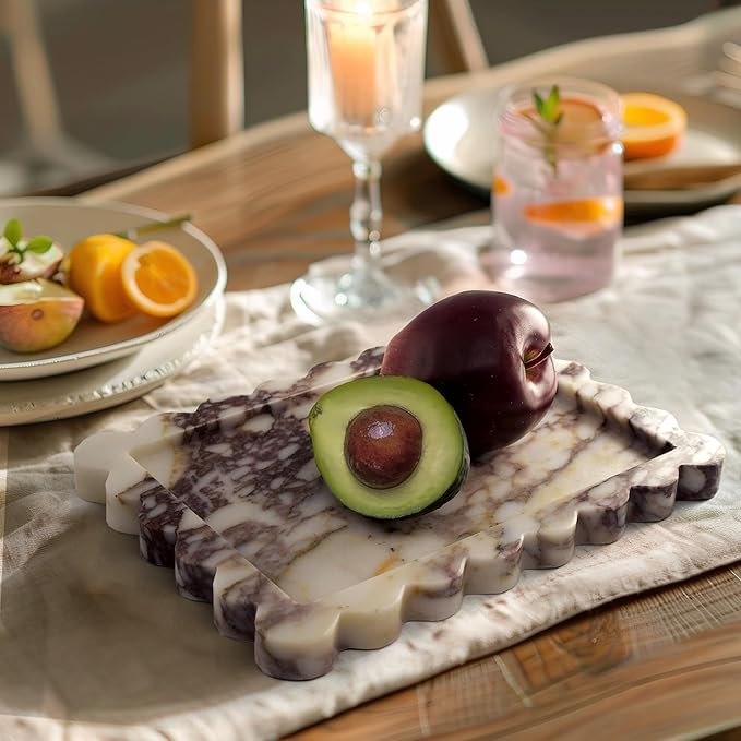 Genuine Calacatta Viola Scalloped Marble Tray, Real Natural Marble Stone Tray, Luxury Decorative Trays for Bathroom, Dresser, Vanity, Kitchen, Home Decor, 10.6" x 8", Calacatta Viola Purple