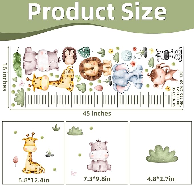 Woodland Kids Growth Chart, Jungle Animals Wall Decals Stickers, Height Chart Measuring Decor for Bedroom Room Nursery Home, Large Removable Stickers Wall Decals Decorations
