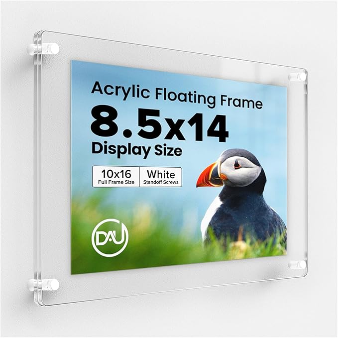 Acrylic Floating Frames White Standoffs (single) 8.5" x 14" Clear Acrylic Frames for Wall Mount Floating Picture Frame, Diploma Poster Certificate Hanging Photo Display Degree Prints Artwork Documents