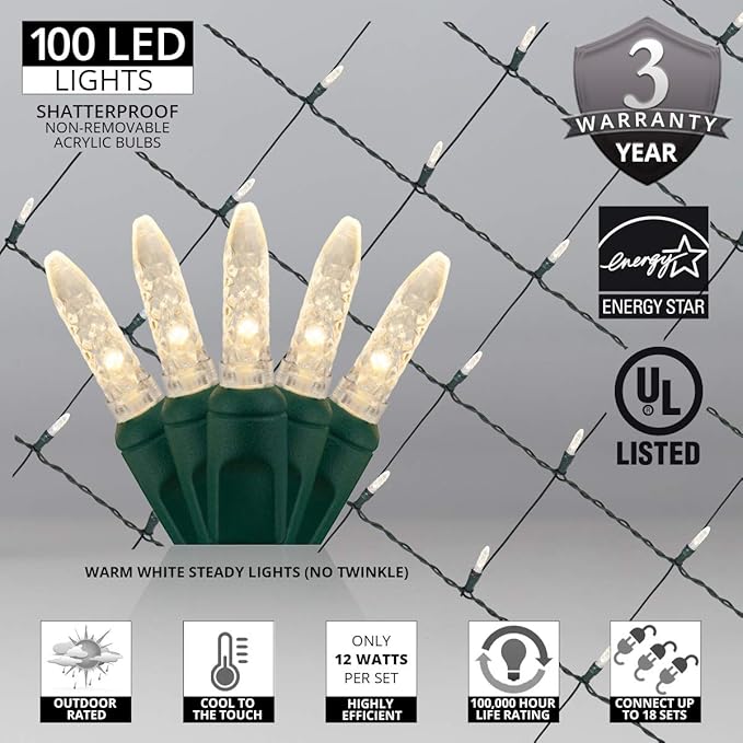Wintergreen Lighting Set of 100 Warm White LED Christmas Net Lights, Outdoor Christmas Decorations, Green Wire (4 x 6 ft, M5 Lights, LED Warm White)