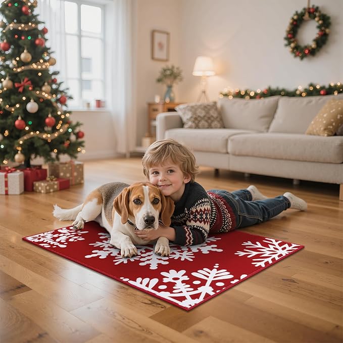 HEBE Christmas Area Rug - 2'x3' Non Slip Boho Red Snow Rugs for Living Room, Washable Soft Area Rugs for Bedroom Christmas Low Pile Indoor Floor Carpet for Entryway Xmas Holiday Decor