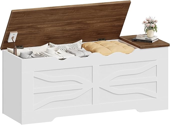 HOOBRO Storage Bench, 47.2'' Toy Box with Safety Hinges, Farmhouse Storage Chest with Side Storage Cubby, for Entryway, Bedroom, Living Room, White and Walnut WH96CW01