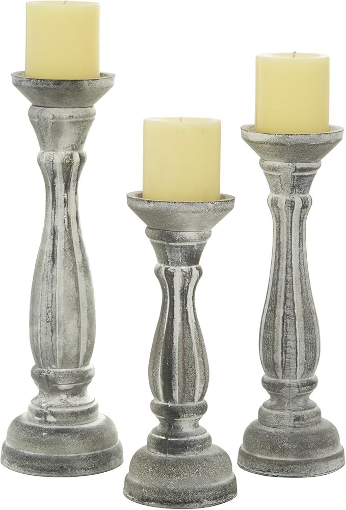 Deco 79 Wooden Decorative Candle Holder Distressed Turned Candle Stand, Set of 3 Candlestick Holder 15", 13", 11"H, Gray
