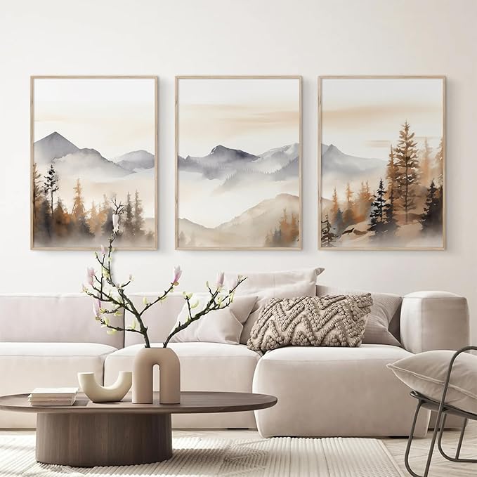Neutral Mountain Wall Art Decor Set of 3 Forest Canvas Wall Art Poster Landscape Wall Art Artwork Modern Pictures Abstract Painting Watercolor Prints for Living Room Bedroom 16x24 Inch Unframed