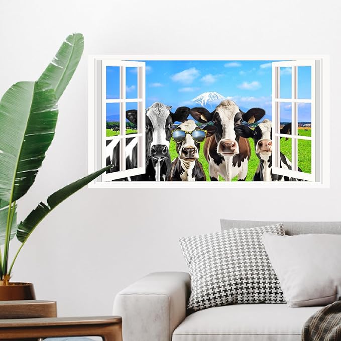 Funny Cow Wall Decals 3D Fake Window Stickers Farmhouse View Wall Decals 3D Peeking Cow Decal Funny Farm Animal Stickers Farmhouse Cow Decal for Living Room Bedroom Decor