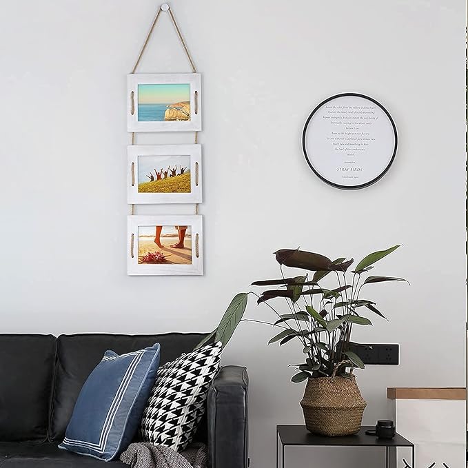 DLQuarts 5x7 Hanging Picture Frames Collage Wall Decor, 3-Opening Photo Frame 5x7 Without Mat & 3.5x5 with Mat, Rustic Wood 3-Frame, Vintage White