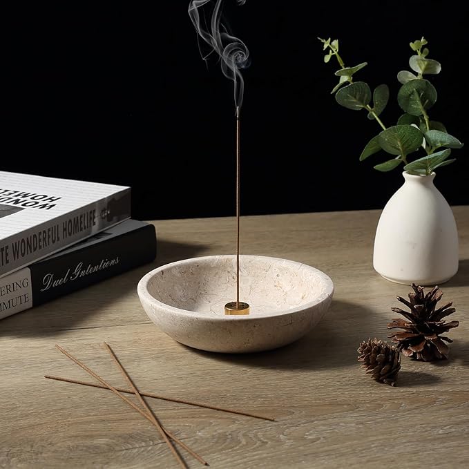 Koville Natural Marble Incense Holder, Incense Holder for Sticks with 9 Holes, Handmade Incense Burner Ash Catcher for Meditation Yoga SPA, Balsam Fir/Palo Santo/Sage/Cone (D=150-RoyalBeige)
