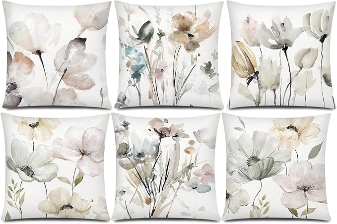 COMMINY Brown White Grey Pillow Covers 20x20 Set of 6 Flower Throw Pillow Cover for Couch Modern Decorative Watercolor Floral Cushion Cover for Sofa Bedroom Living Room Farmhouse Home Decor