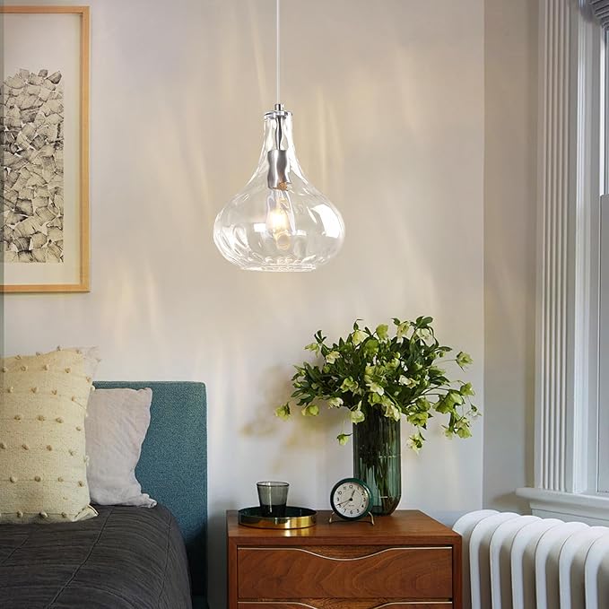 Modern Glass Pendant Light 9.44 in Clear Hammered Glass Shade Brushed Nickel Farmhouse Island Pendant Lights for Kitchen Pendant Lighting Over Sink Bedroom Dining Room
