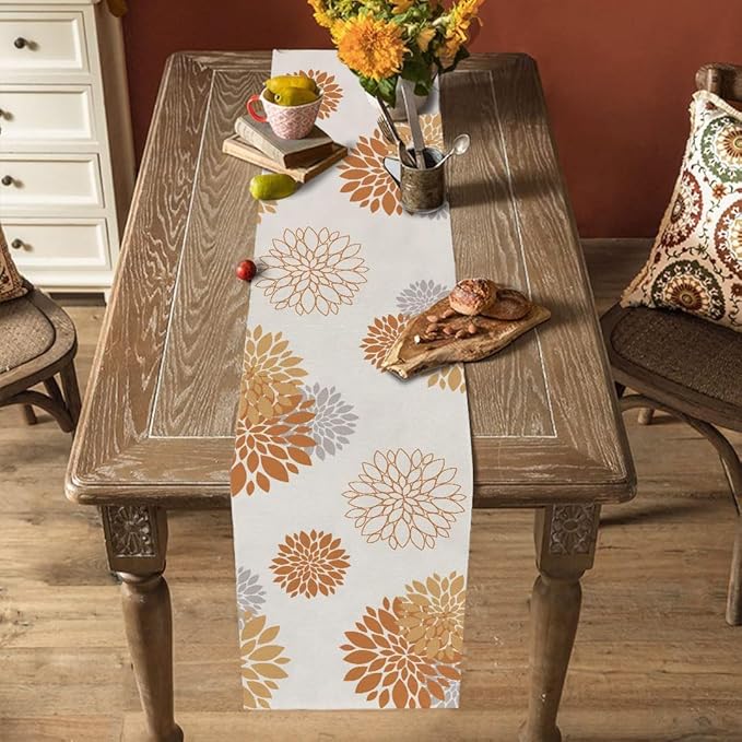Fall Table Runner Orange Grey Dahlia Pinnata Floral Table Runners Modern Elegant Farmhouse Geometric Coffee Table Center Decor for Autumn Home Kitchen Dining Party 13 x 108 Inch