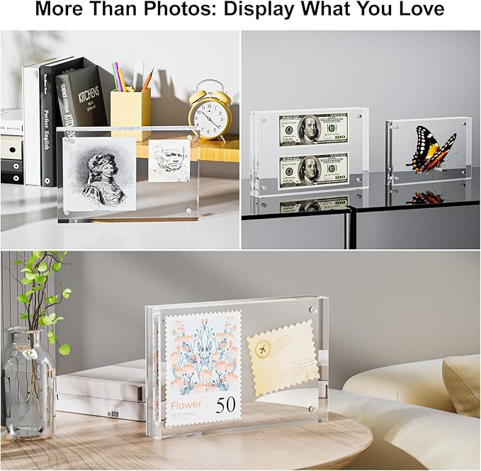 5 Pack 4x4 Acrylic Picture Frames - 20% Thicker Double Sided Magnetic Frame with UV Protection - Freestanding Clear Frameless Display for Tabletops - Modern Photo Frame Set for Home & Office Decor
