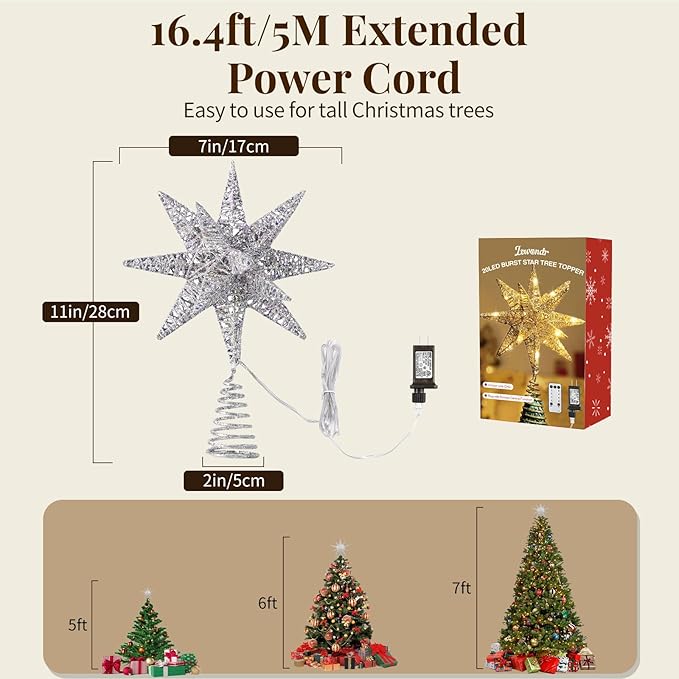 Lewondr Christmas Tree Topper, Plug in 3D Starburst Xmas Lighted Star Tree Topper, Remote Control & Timer Light Up Vintage Moravian Tree Topper for Christmas Decoraiton, Warm Light, Silver