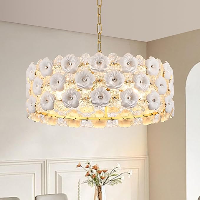 Modern 24" Flower Glass Chandelier Luxury Gold 8 Lights Ceiling Pendant Light Fixture for Living Dining Room Foyer Entryway Kitchen Bedroom, E12