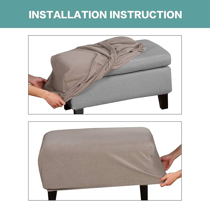 Turquoize Oversize Ottoman Slipcover Rectangle Folding Storage Stool Ottoman Cover Jacquard Small Check Polyester Stretch Fabric with Elastic Bottom Furniture Protector (X-Large, Taupe)