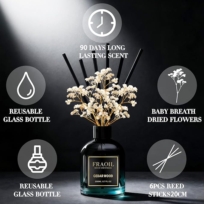 Cedar Wood Reed Diffuser, Reed Diffuser Set 6.7 fl oz (200 ml) with 6 Reed Sticks, Home Fragrance Reed Diffuser for Bathroom Shelf House Bedroom Office Decor
