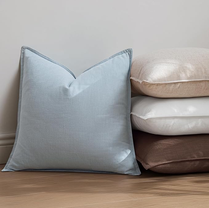 EMEMA Throw Pillow Covers Decorative Linen Pillow Covers 20x20 Inch Light Blue Boho Farmhouse Neutral Couch Throw Pillows for Bed Pack of 2 Accent Pillowcase Modern Sofa Cushion Livingroom Home