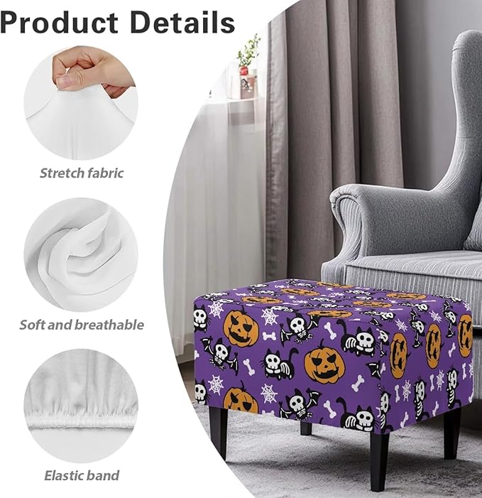 Spooky Halloween Ottoman Cover with Pumpkins, Bats & Ghosts - Stretchable, Form-Fit Slipcover for Rectangular Footstools, Easy Install & Care (33x30x15 Inch)
