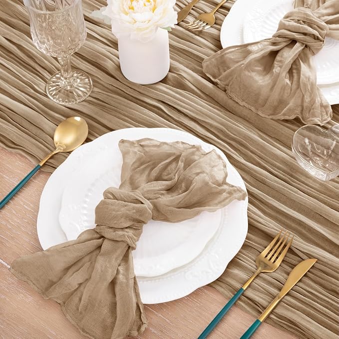 MLMC 8 Pack Nude Cheesecloth Table Runner Boho Rustic Gauze Taupe Cheese Cloth Table Runner 10ft Neutral Home Decor 35x120 Inches for Reception Wedding Bridal Shower Picnic Decor