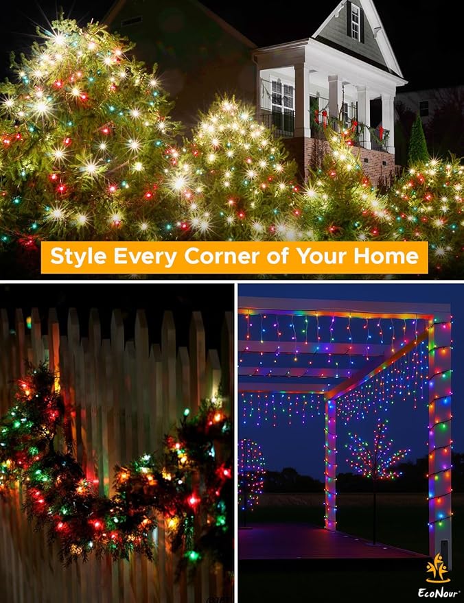 EcoNour 61.5 Ft 1500 LED Cluster Twinkle Lights for Christmas Tree, 8 Modes String Lights for Decoration with Timer and Memory Function, Multicolor Sparkle Lights for Magical Home & Outdoor