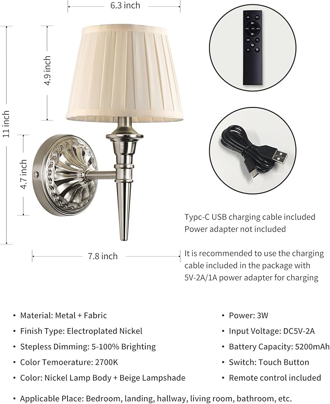 KDG Cordless Wall Sconces Set of 2, Small Wireless 5200mAh Rechargeable Battery Fabric LED Wall Lamps, Portables Lightings for Wall Painting, Living Room, Bedroom, Hallway, Gifts, Night Light (Nickel)