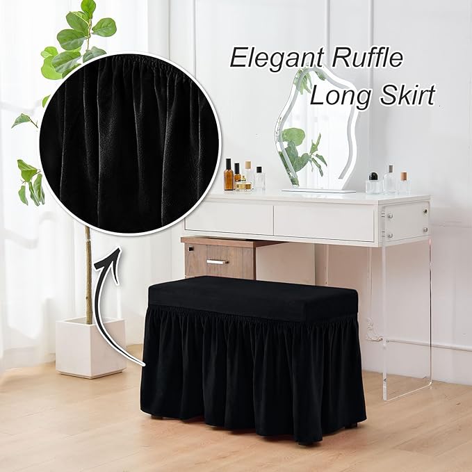 NICEEC Spandex Stretch Piano Bench Cover with Skirt Removable Ottoman Cover Rectangular Washable Stool Slipcover for Duet Piano Bench Seat Cushion Protector(Black)
