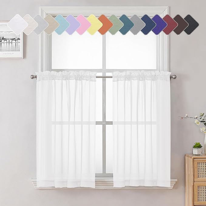 Lecloud White Sheer Curtains 36 Inch Length 2 Panels Set, Airy Breathable Voile Short Tiers, Elegant Gauzy Half Cafe Kitchen Curtains with Dual Rod Pocket, Each Panel 42 X 36 Inch