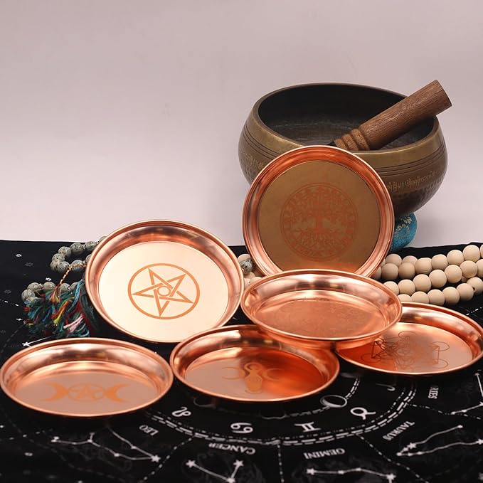 Copper Offering Bowl Prayer Ritual Plate Great for Altar,Witches,Incense Burner, smudging Bowl, Offering Dish,Candle Trays, Ash Catcher,Jewelry Dish(Triple Moon)