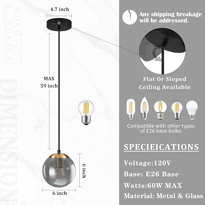 KoKo&Yukina 6 Inch Globe Pendant Light Gold Globe Pendant Lights Kitchen Island Mid Century Light Fixture with Grey Glass Shade for Dining Room