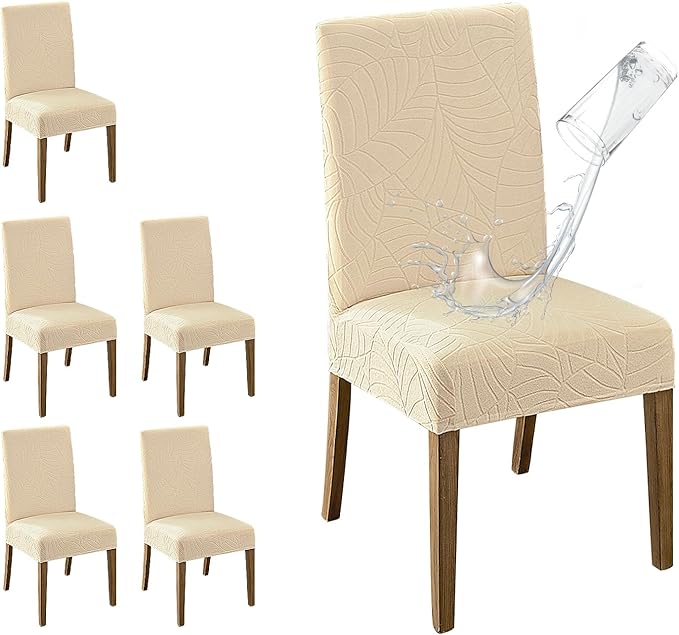 MOSAYT 100% Waterproof Dining Room Chair Covers Set of 6, Super Fit Stretch Jacquard Parson Chairs Slipcovers Removable Washable Chair Seat Protectors for Home, Kitchen, Banquet (Beige - XL)