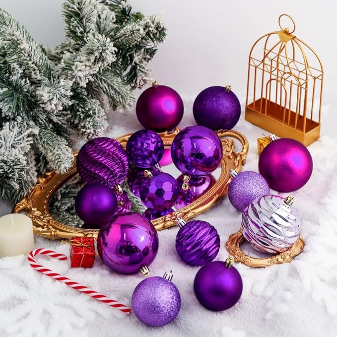 XmasExp 2.36" Purple Christmas Ball Ornaments (24ct, Shatterproof, Plastic, Hanging, Christmas)