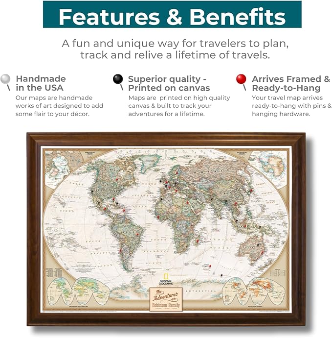 Canvas Executive World Map Pin Board – Framed Travel Map with Pins for Wall – Personalized Push Pin World Map for Tracking Journeys – 27.5" x 39.5" Solid Wood Brown Frame