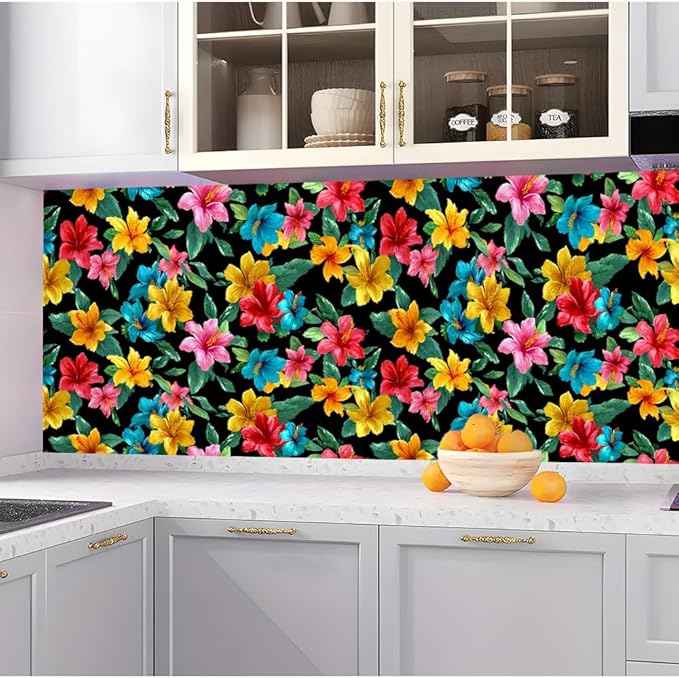 Removable Peel and Stick Wall Stickers 39.37x15.75 Inch Tropical Floral Red Pink Yellow Blue Hibiscus Blossoms Vibrant Modern for Bedroom Living Room Home Spaces Decor