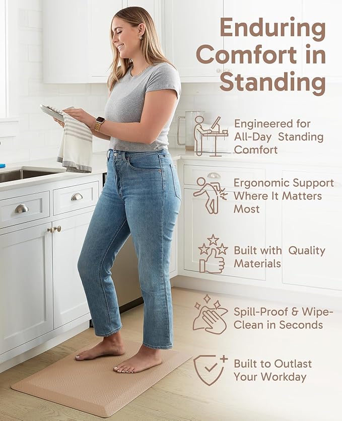 Ophanie Kitchen Mats for Floor, 3/4 inch Thick, 17x24 Anti Fatigue Cushioned Mat, Kitchen Rugs, Waterproof, Comfort Ergonomic Standing Mat for Office, Home, Sink, Beige Non-Slip Ridged Bottom