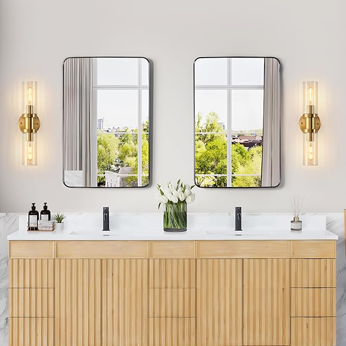 Gold Wall Sconces Set of Two, 18.2 inch Brushed Gold Vanity Light with Stripped Glass Shade, Indoor Wall Lights for Mirror, Bathroom, Kitchen, Living Room（2 Pack）