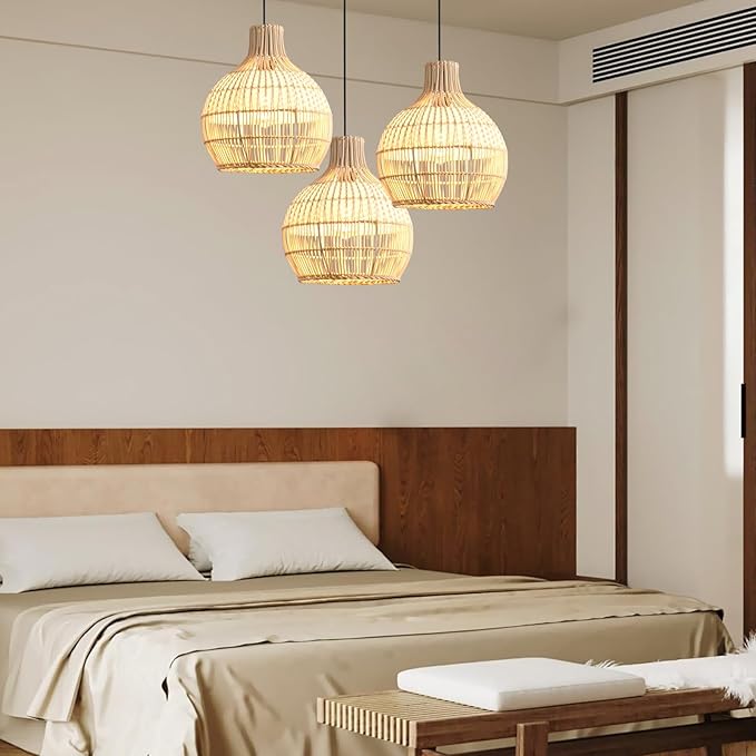 3-Pack Fax Rattan Pendant Light Fixture Mini Hand-Woven White Rattan Chandelier 10.24" Boho Wicker Hanging Lamp for Dining Living Bedroom Kitchen Farmhouse