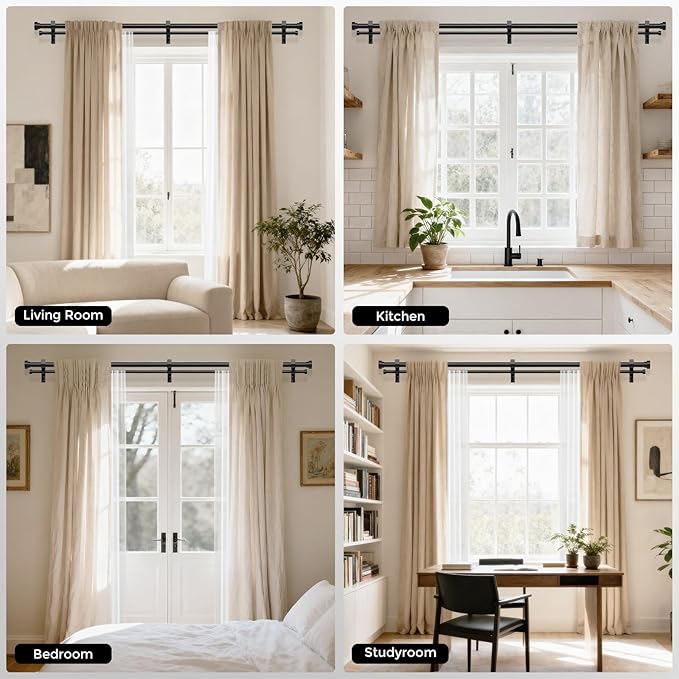 Double Curtain Rod, 1 Inch Black Extra Long Dual Curtain Rods 72 to 144 Inch with Aluminium Modern End Cap Finial, Adjustable Heavy Duty Window Treatment Rods, Telescopic Metal Double Drapery Pole Set