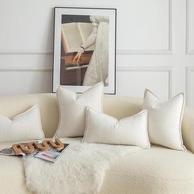 MANDIOO Pack of 2 Decorative Throw Pillow Covers Accent Solid Woven Textured Cushion Covers Pillow Cases Bedroom Living Room Sofa Home 20 x 20 Inch Cream White