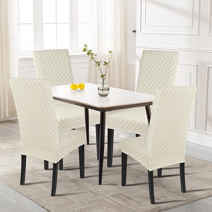 SearchI Dining Room Chair Covers Set of 4, Stretch Jacquard Parsons Chair Slipcovers Super Fit Removable Washable Kitchen Chair Protector Cover for Dining Room, Hotel, Ceremony (Cream)