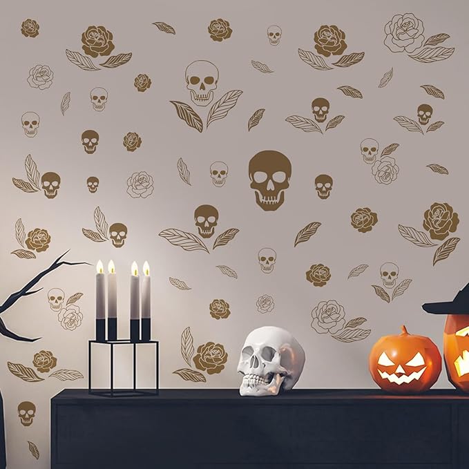 Skull and Rose Halloween Wall Decals,Floral Wall Stickers,Removable Skull Halloween Wall Stickers,Gothic Wall Decals,Suitable for Bedrooms,Living Rooms,Party Scenes,Kindergartens