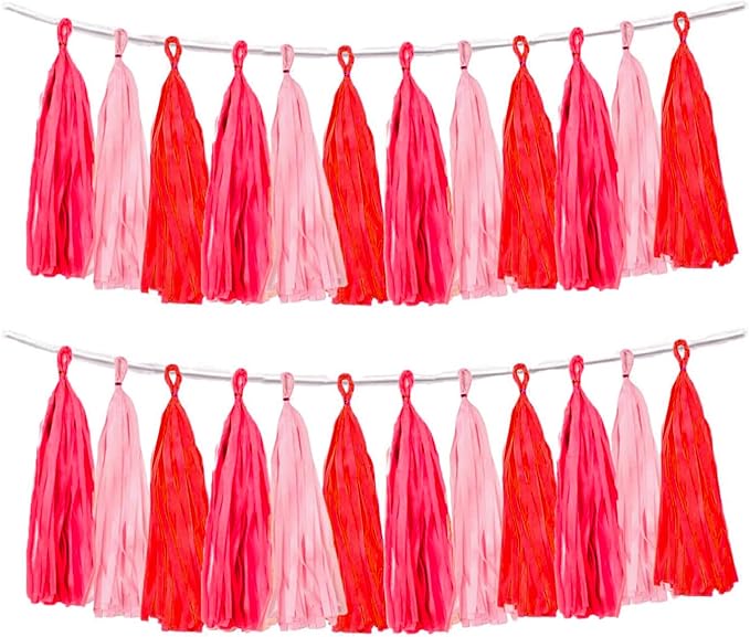 Aimto Red and Pink Tassel Garland Banner Paper Tassels for Party Decorations,Pack of 15