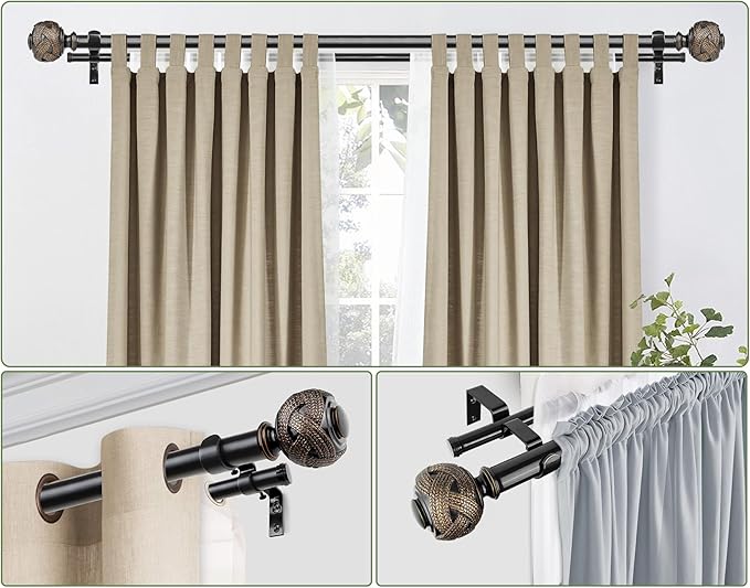 1 Inch Double Curtain Rods 36 to 72 Inches (3 to 6 ft), USFOOK Black Drapery Rods for Windows 24 to 68 Inches, Telescoping Dual Curtain Rod with Woven Leaf Finials