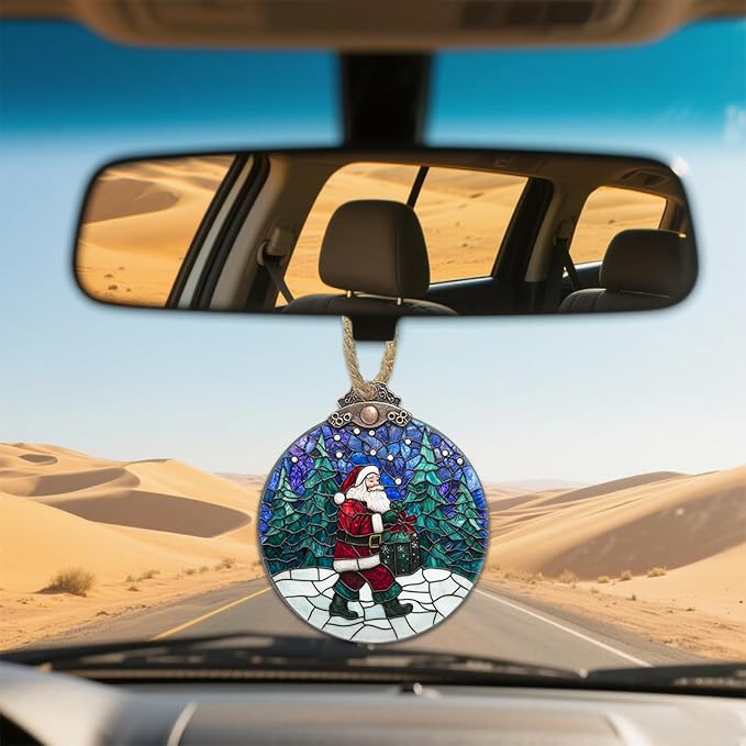 Stained Glass Christmas Decorations, Santa Claus Giving Gifts Suncatcher for Window Christmas Tree Hanging Ornaments Landscape Sun Catcher Xmas Decor Gifts for Women Men Mom Nana Friend