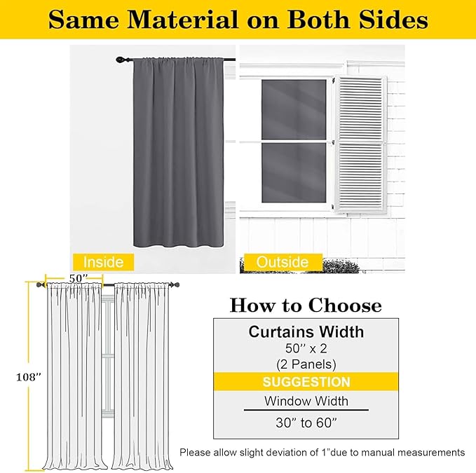 Extra Long Grey Blackout Curtains for Bedroom Living Room 108 Inches Long 2 Panels, Soft Solid Room Darkening Thermal Insulated Window Treatments, Rod Pocket Curtain, 50" Wx108 L